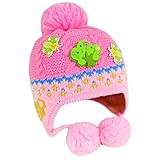 Happy　Cherry　上品　カッコいい　キッズ　帽子　ニットキャップ　秋冬　耳あて　ミツバチ　ボンボン付き　お出かけ　旅行　通学　ピンク