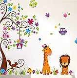 [キキモンキー]KiKi Monkey 1 X Jungle Zoo Happy Owl, Lion with Giraffe Wall Decal for Kids, Nursery Room JM