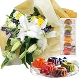 誕生日 お祝い の 花 お 花 と スイーツ おしゃれ ギフト セット 豪華 ユリ イエローバラ 花束 と はちみつとクリームチーズのフルーツケーキ6個 メッセージカード 還暦祝い 結婚祝い 古希 喜
