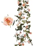 (Champagne-01) - Felice Arts 2pcs Artificial Flower 2.2m Fake Rose Vine Green Leaf Hanging Vine Garl