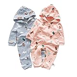 ベビーロンパースベア雲プリントフード付き耳服ロングスリーブジッパーコットン幼児ジャンプスーツ (80, 青)
