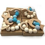 Kissteether 4pcs 複数の組み合わせかわいいビーズの歯のリングセット未処理のブナの木製のオーガニックウッドの木製動物のおもちゃの木製のブレスレットベビーママの子供の木製のテーゼのバングル