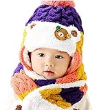 【Anjelly】 ベビー ＆ キッズ 用 ニット帽 & マフラー かわいい ワンポイントくまちゃん おまけ手袋付 選べる4色 (パープル)