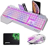 FELiCON®ゲーミングキーボード マウスセット 光るキーボード K618 バックライト 26アンチゴースト 英語配列 RGB USB有線 104キー マウスパッド付 Windows/Mac OS対応 (10種類のバックライトモード) (ホワイト)