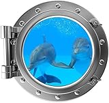 12" Port Scape Instant Sea Window View DOLPHINS #4 Holding Flippers SILVER Porthole Wall Sticker Gra