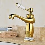 awxjxシンクタップ銅ヨーロピアンスタイルレトロスタイルBasinホットAng Cold 1つ穴ゴールドバスルームCeramics高さUp