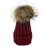 [モノジー] MONOZY キッズ ベビー ファー 付き 子供 ニット帽 選べる6色 ボンボン ニットキャップ 男女 兼用 秋 冬 帽子 (06) ワインレッド)