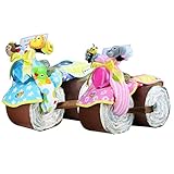 おむつバイク 出産祝い Sassy サッシー 名入れ刺繍 オムツバイク ビブ ラトル タオル マグ おむつケーキ 手作り 豪華6点付 (パンパースパンツタイプＭサイズ, ブルー)