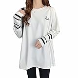 [SANYIN] tシャツ レディース 長袖 ゆったり綿 ビッグシルエット ロングtシャツ トップス カットソー 笑顔 かわいい 韓国ファッション(ホワイトXL)