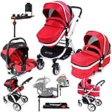 i-Safe System - Red Trio Travel System Pram & Luxury Stroller 3 in 1 Complete With All the Raincover