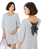 Sweet Mommy バックサテンリボン コットンポンチ素材 大人カジュアル ベーシックボーダー 異素材MIX 授乳チュニック ワンピ授乳服 マタニティウェア 産前産後／オフホワイト×ブルーグレー／