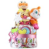 オムツケーキ 出産祝い アンパンマン ぬいぐるみ２体とタオル２枚の超豪華 2段 おむつケーキ パンパース テープタイプ Mサイズ おもちゃ 女の子向け ドキンちゃん