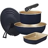 【長く使えるフライパン】 エバークック フライパンセット 5点(玉子焼き13×19㎝ 深型フライパン26㎝ ポット18㎝ 専用ミニハンドル 回転ハンドル立つ兼用カバー20~26㎝)オール熱源対応(IH対応) ネイビー 選べるシリーズ 取っ手のとれる 