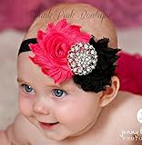 ☆ツインシャビーローズとラインストーンのヘアバンド☆ブラック＆ホットピンク