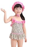 あかね哥 レオパード 柄 フリル ワンピース 水着 ヒョウ柄 女の子 ベビー 子供用 帽子 付き 3点 セット ( レオパード )
