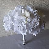 ホワイトラインストーンローズカラーリリー柄ブライダルウェディングブーケ&ブートニア 12" Bouquet ホワイト