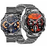 JUSUTEK 令和 2025 高級スマートウォッチ Bluetooth通話,1.9インチ大画面金属丸型腕時計,LED懐中電灯、5ATM防水,軍用規格,耐衝撃,高強化ガラス,万歩計,電卓,音楽制御/再生,ストップウォッチ,smart watch，IP68防水,Line通知,着信表示,iphone&コンパチブル対応,お贈り物,日本語説明書 (黒色+黒鋼)