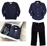 174　ギフトボックス（紺ボックス）Ralph Lauren (ラルフローレン) ベビー上下セット　18-24ヶ月コットン ツイル シャツ＆紺コーデュロイ パンツ＆セーター＆靴下２足セット　90ｃｍ 