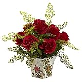Home Garden Decorative Rose & Maiden Hair w/Floral Planter Red