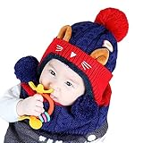 WSLCN　ニット　帽子 ネックウォーマー　キッズ　スポーツ　ボンボン付き 赤ちゃん　5色　うさぎ　子供　猫耳　暖かい　耳あて　ベビー　マタニティ 防寒　冬用　人気　アウトドア　かわいい　ネイビー