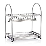 【Lifewit】 皿立て 水切りかご 2段 パール 金属 食器 スライド式 ラック ステンレス シルバー 幅40×奥行26.5×高さ45cm