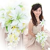 MedianField 【 カサブランカ ブーケ ブートニア 花冠 髪飾り セット 】 造花 ゆり ホワイト バラ ウエディング ブライダルブーケ 結婚式 花束 ウェディング (ホワイト, ブーケ)