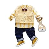 FEVON　セットアップ　ベビー　男の子　3点セット　シャツ+ベスト+ズボン　長袖　ワイシャツ　ロングパンツ　秋　冬　ボウタイ付き　チェック柄　フォーマルスーツ　カジュアル　子供服　ボーイズ　キッズ　