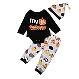 半袖トップ ロンパース+ロングパンツ 赤ちゃん ラウンドネック 黒いTシャツのトップ プリントズボン ストライププリント帽子 手袋 かわいい ハロウィン 0-18ヶ月 (6-12ヶ月, ブラック)