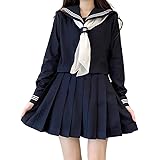 [GSYCL] セーラー服 紺色 女子高生 3点セット ハロウィン 仮装 JK 制服 コスチューム 長袖 前開き 上下セット プリーツスカート 人気 女子制服 本格制服 紺三本 文化祭 学园歳 卒業式 清純 可愛い ネイビー