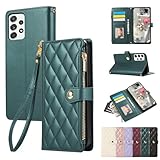 Rosbtib Galaxy A53 5G ケース 手帳型 財布型 カバー Galaxy SC53C ケース おしゃれ ファスナー型 小銭入れ SC-53C ケース カード収納 携帯カバー SCG15 ケース エレガント 刺繍 ギャラクシーA53 ケース 高級PUレザー 肌触り良い Galaxya53スマホケース ストラップ付 マグネット式開閉式 スタンド機能 全面保護(グリーン)