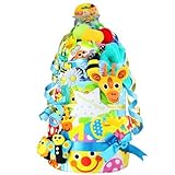 Sassy(サッシー)　豪華11点付き　デラックス3段 おむつケーキ　バスタオル・よだれかけ・おもちゃ付　ブルー　ビブ・アニマル　ムーニーSサイズ　スターズ＆サンラトル【プレミアム】