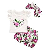 sakulala 子供服 Tシャツ パンツ ３点セット 心型 花柄 ヘアバンド付き レース ノースリーブ ベビー服 女の子