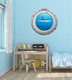 24 "舷窓Ship SeaウィンドウOcean ViewグレーReef Sharks # 2クローム壁グラフィックKidsデカール赤ちゃん部屋ステッカーホームden Mural Man Cave A