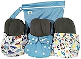 Pandaroos PandaPak - 3 Cloth Pocket Diaper Covers with 3 5-Layer Charcoal Bamboo Inserts and Wet Bag
