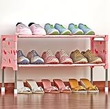 SUOERNUO 2/4/6段シューズラック　カバー付き 下駄箱 　薄型　折り畳み　軽量　可動式　収納　靴棚　シューズボックス (ピンク（2段）)