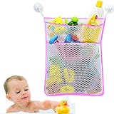 オモチャ収納袋 おもちゃが洗える収納ネット 　お風呂ハンモク　多用途　子供玩具　片付けネット　3つのポケット付き メッシュバッグ 学習収納 子供部屋収納 4個吸盤を式 L (ピンク)