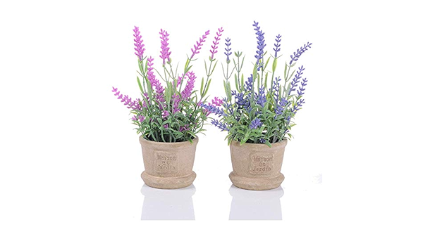 Amazon Marjon 花 ラベンダー 造花 ポット 2パック フェイク鉢植え 装飾的なフェイクラベンダーの花 家の装飾用 ピンクとパープル 造花 オンライン通販