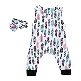 Domybestベビー服 女の子　ロンパース+ヘアバンド　2点セット　夏ボディスーツ　羽プリント　オーバーオール　袖無し　新生児　祝い (90)