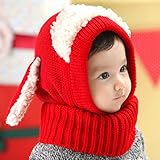 5色展開 うさぎ風 ニット帽子 キッズ もこもこ 防寒 フード (レッド)