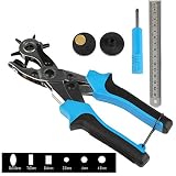 穴開けパンチ レザーパンチ 回転式 丸穴 楕円6つ大きさ 2mm～4.5mm 丸 時計 ベルト (ブルー) スペーサとドライバー付属 物差し付き