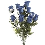 Lovely人工シルクロイヤルブルーローズ芽Bouquet with Sweet Babys Breath andグリーンLeafyアクセント