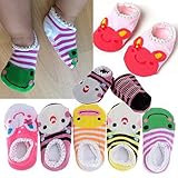 Pinksee Baby Infant Girls 5 Pairs Cotton Animal Stripes Anti Slip Booties Socks 0-18 months by PINKS