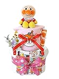 おむつケーキ アンパンマン 長袖ボディスーツ付き 2段 女の子用 A (パンパースMサイズ（21枚入り）)