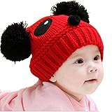 Housweety手作リ パンダデザイン！ボンボン付き ベビー ニットキャップ ニット帽 防寒帽　女の子 男の子 赤ちゃん キッズ ニット 冬帽子 子供服（新生児～5ヶ月）レッド