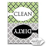 Clean Dirty食器洗い機マグネットDishesサイン – キュートエレガントQuatrefoil Moroccan Trellisモダンパターン – グリーンブラックグレー – 3.5 X 2