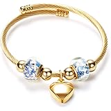 MiniJewelry ゴールド/ブルー 拡張可能なチャーム ワイヤー バングル ブレスレット レディース ガールズ シルバー/ゴールド ハート 調整可能 7インチ ブルー
