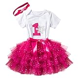 三番目の店　3PCS 赤ちゃんの女の子の満一歳誕生日パーティーの衣装　プリンセス　ちょう結び　ロンパー+スカート+ヘッドバンドセット (番号1＃ホットピンク)