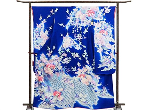 リサイクル振袖 ／ 正絹紺地花柄袷振袖と長襦袢セット ／ レディース（成人式用着物 振り袖 中古振袖 中古振り袖 中古 着物 USED振袖）【ランクA】