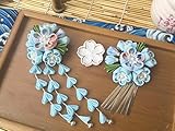 花火会　桜の髪飾り 4色 2点セット 花 和柄 下がり飾り つまみ細工髪飾り ちりめん生地 コサージュ 成人式 振袖 卒業式 袴 着物 和装 (ブルー)