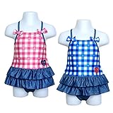 (ブルー/90cm)ベビー 水着 スイムウエア 女の子 ワンピース UVカット チェック柄 リボン フリル ロゴ 女児 ベビー